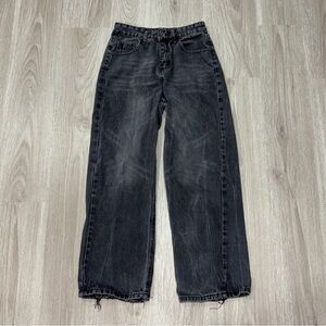 Black Washed Wide-Leg Jeans —
Raw Hem